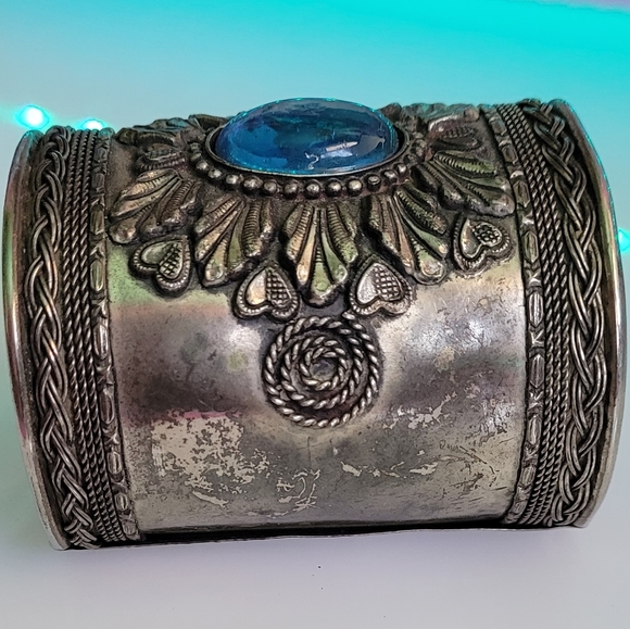 Vintage Glass Gemstone Silver Cuff Armor Free People Floral Boho Gypsy Blue - Picture 3 of 4